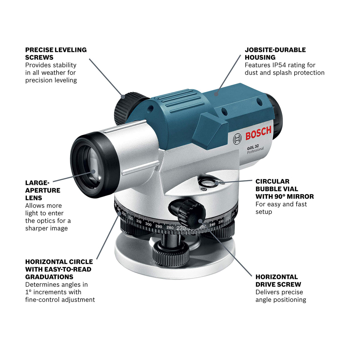 Bosch GOL32CK aluminum tripod provides a stable setup on uneven surfaces