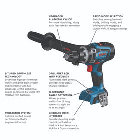Bosch CORE18V battery powering long-lasting drilling and driving tasks.