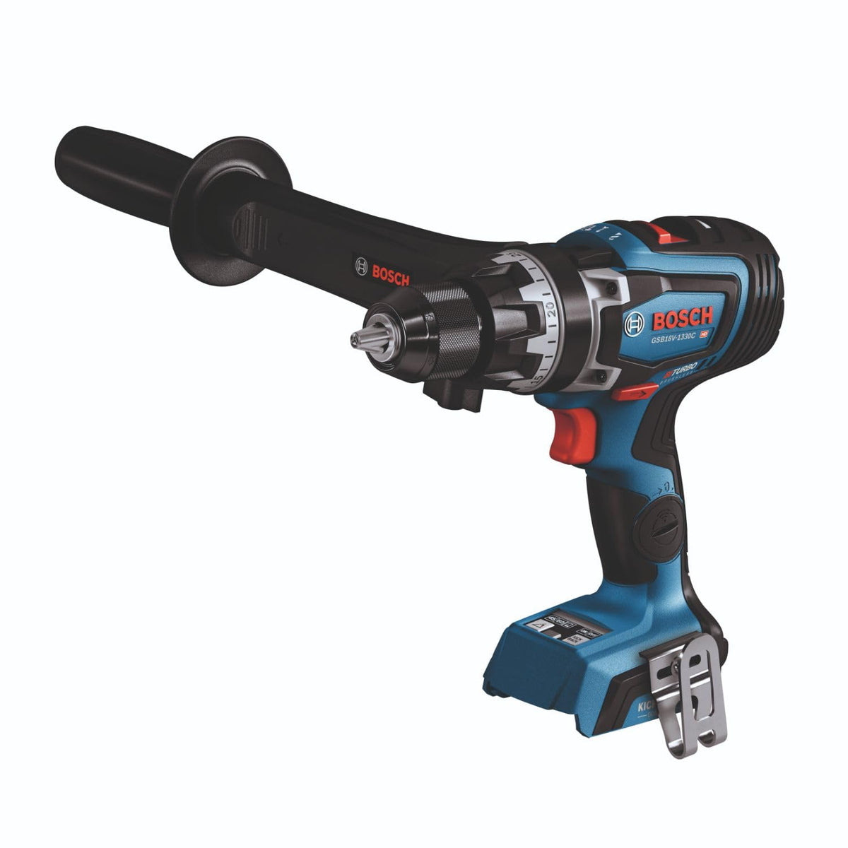 Bosch GSB18V-1330CN ProFactor hammer drill action for straight-hole drilling.