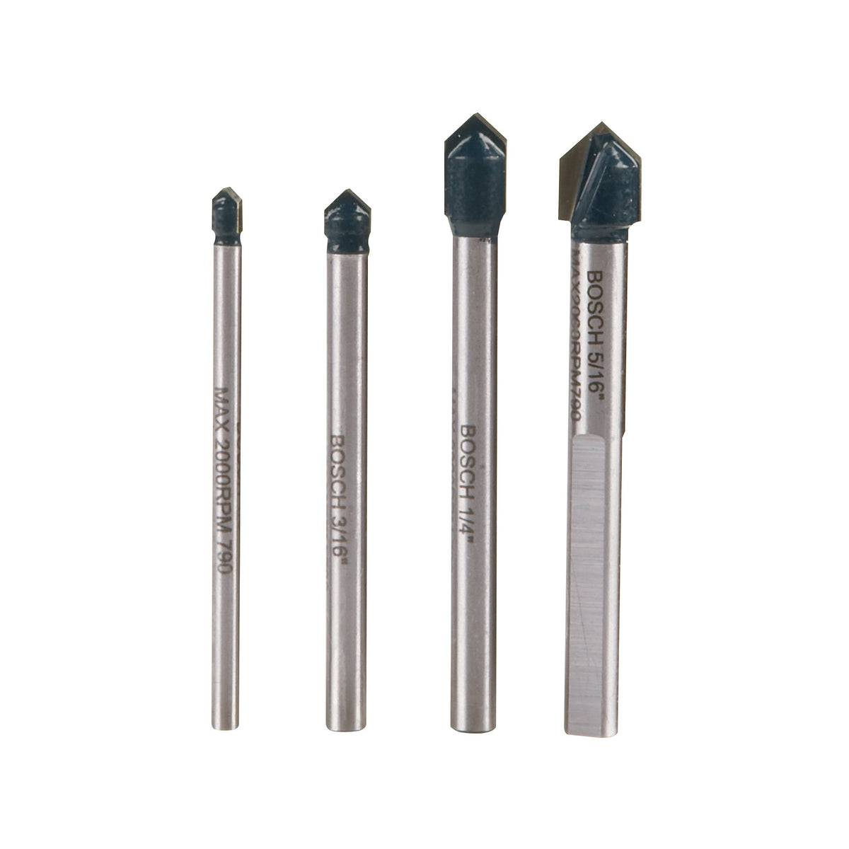 Bosch GT2000 four-piece carbide tipped glass drill set laid out for precise holes