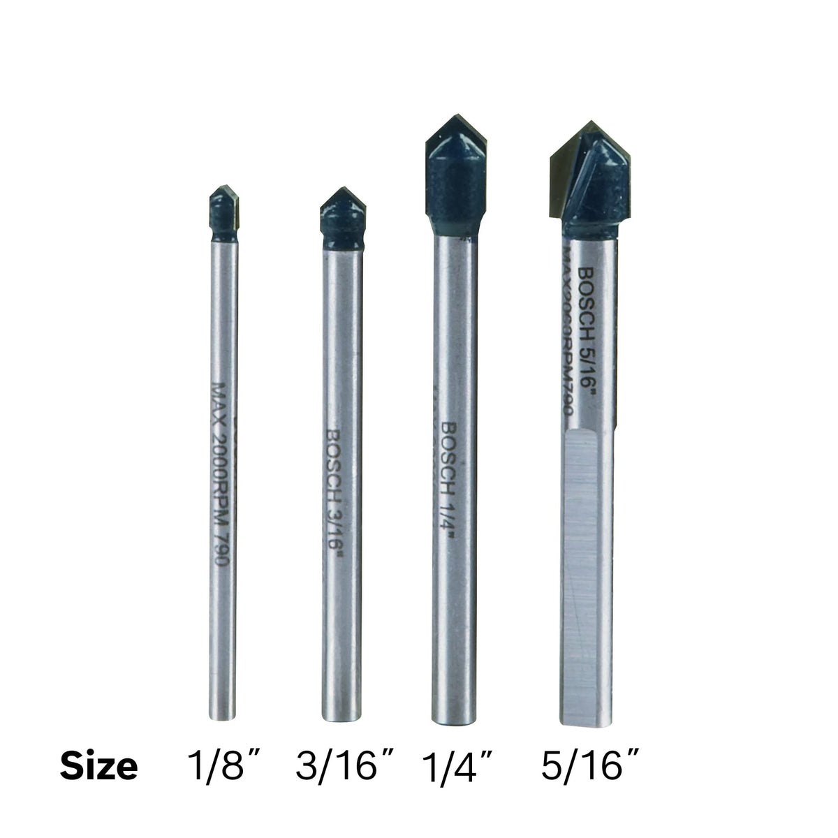 Bosch GT2000 includes four sizes 1/8, 3/16, 1/4, 5/16 inches