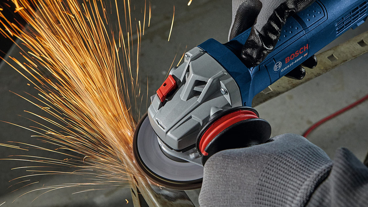Bosch GWS10-450P epoxy-coated windings extend motor life in dusty shops.