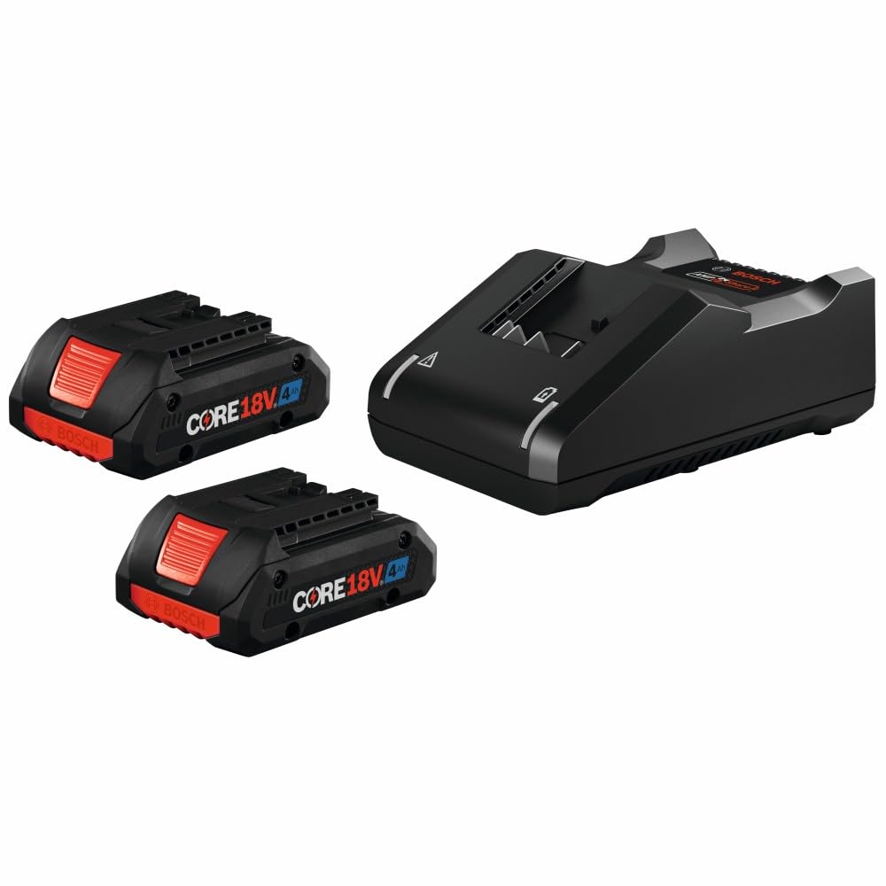 Bosch GXS18V-11N25 starter kit with two CORE18V 4Ah batteries for extended cordless runtimes.