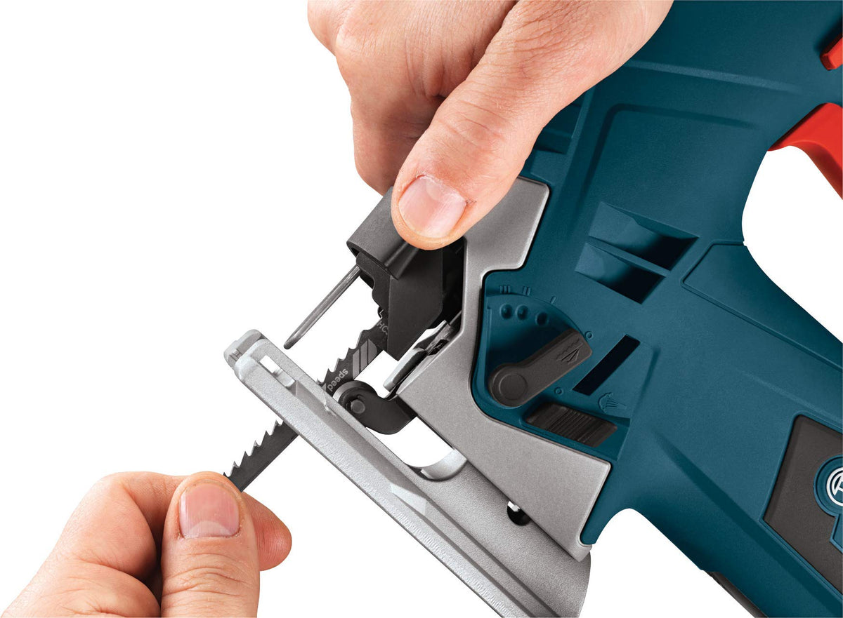 Bosch JS365 tool-less blade-change system speeds quick blade swaps.