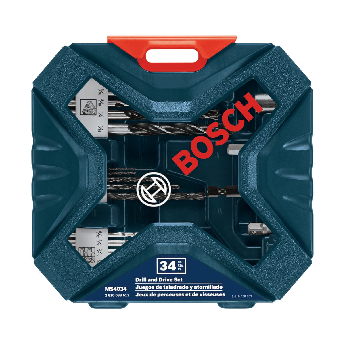 Bosch MS4034 case and bits organized for versatile wood, metal, and masonry projects.