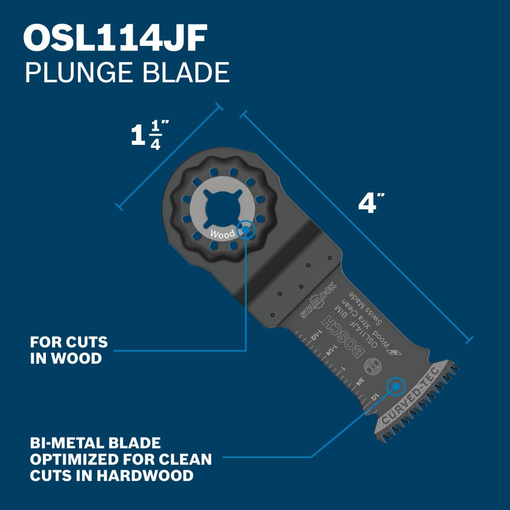Bosch OSL005C plunge blade OSL114JF enables precise plunges with clean starts.