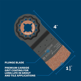 Bosch OSL114CG carbide grit blade for durable material removal on tough substrates.