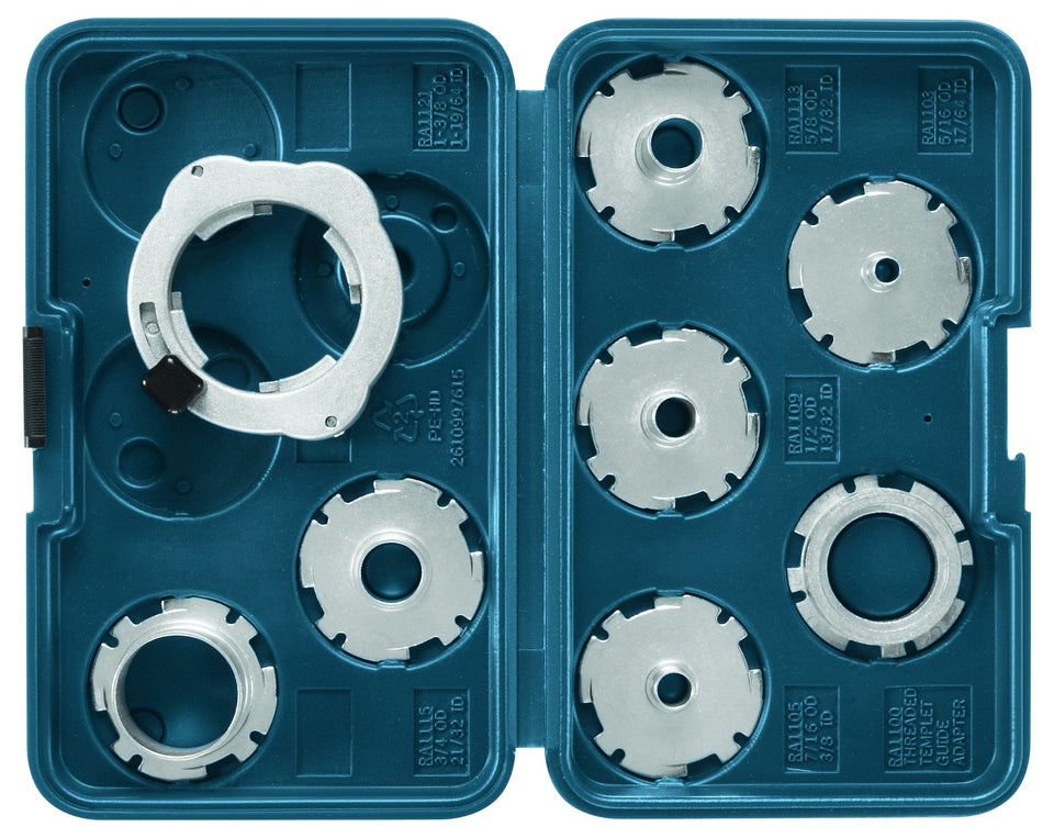 Bosch RA1128 8-piece router guide set for precise dovetails and curves.