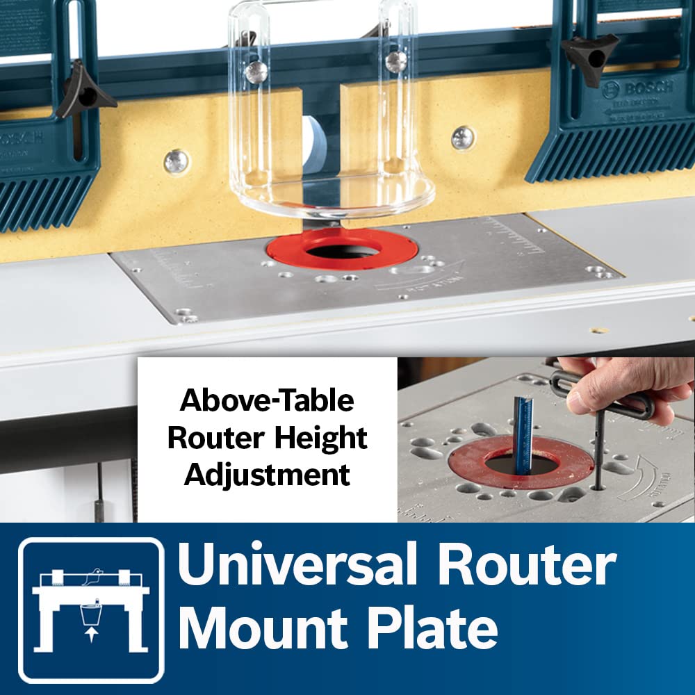 Adjustable feather boards on the Bosch RA1171 provide guidance and kickback protection