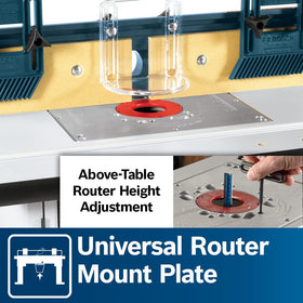 Adjustable feather boards on the Bosch RA1171 provide guidance and kickback protection