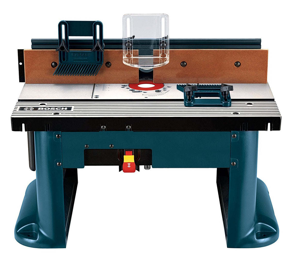 Bosch RA1181 benchtop router table top view showing a spacious aluminum surface for precision.