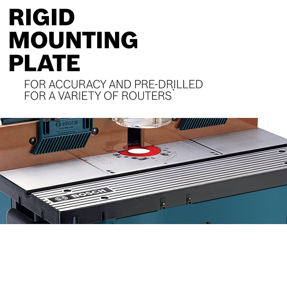 Bosch RA1181 dust-collection port keeps debris in check during routing.