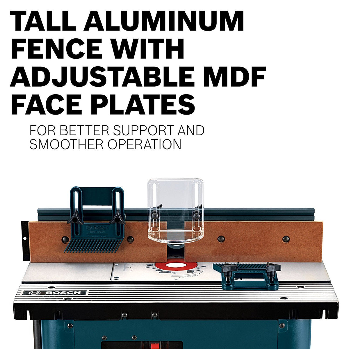 Bosch RA1181 tall aluminum fence with adjustable faceplates for precise alignment.
