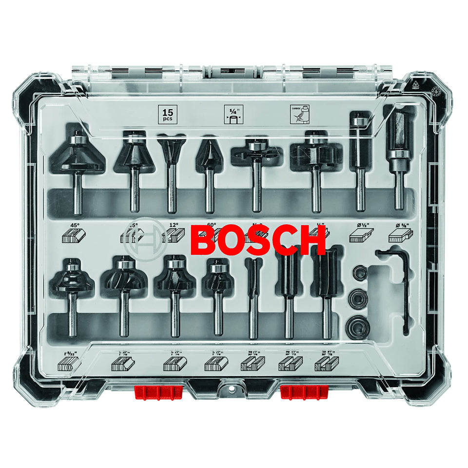 Bosch RBS015MBS wood router bits set for precise edge work and smooth finishes
