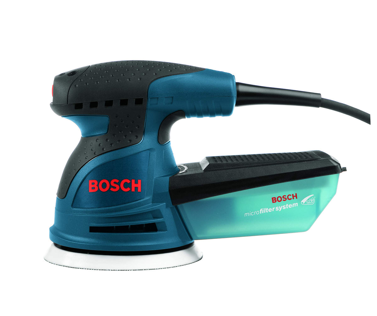 Bosch ROS10 with hook-and-loop disc attachment for quick disc changes.