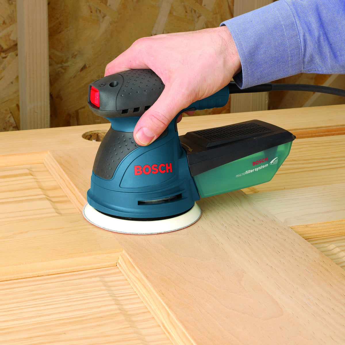 Bosch ROS10 random orbit action blends motion for a balanced finish.