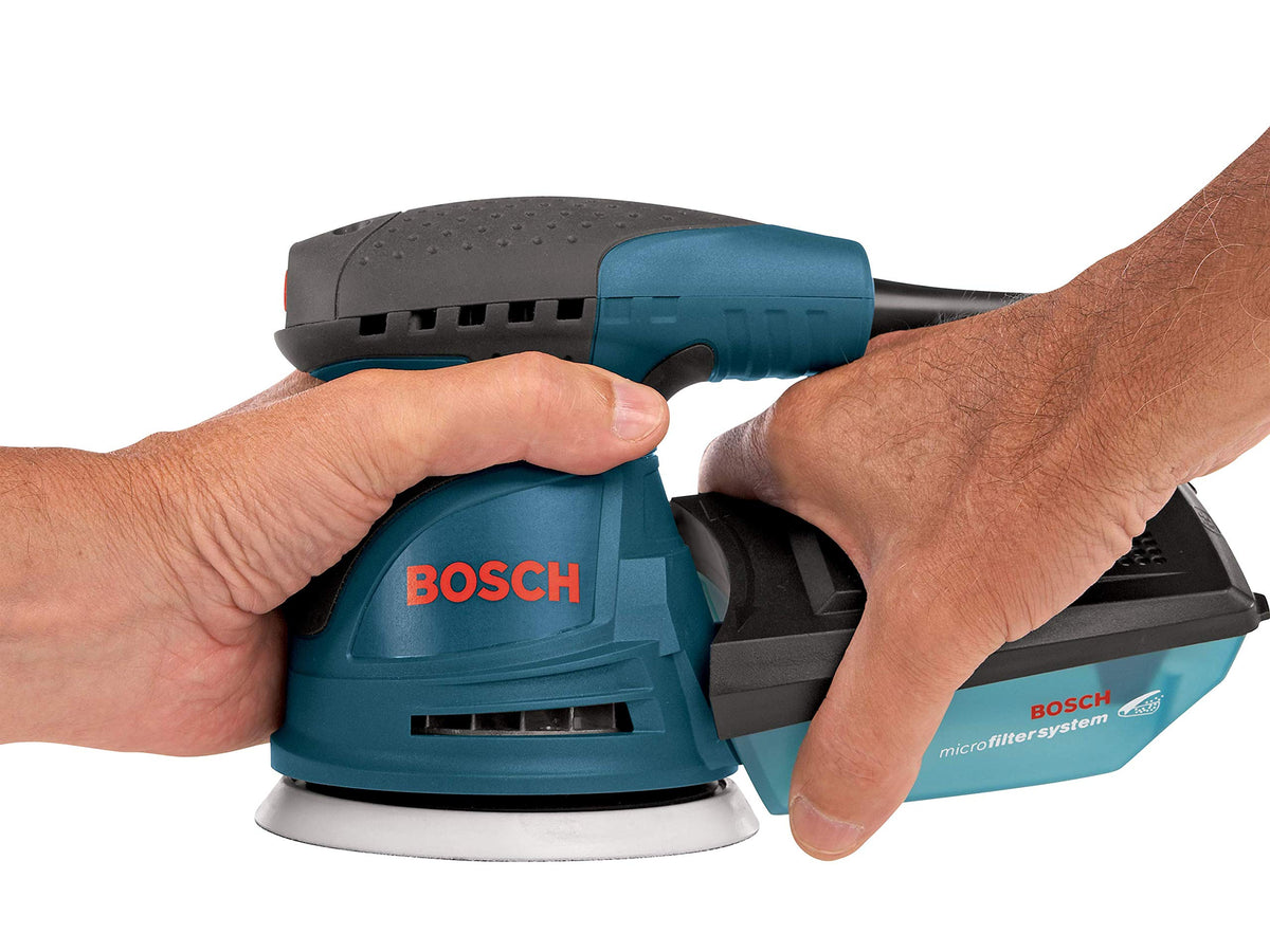 Bosch ROS20VSC microfilter dust collection captures fine particles.