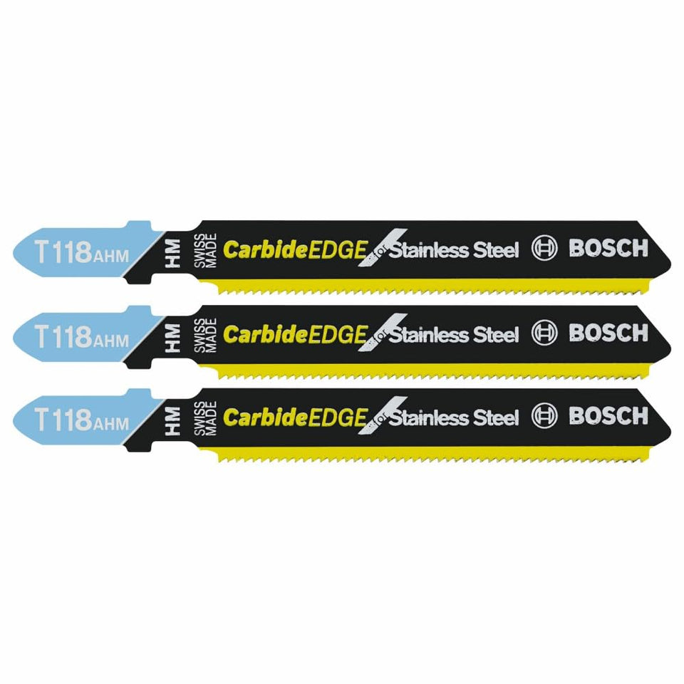 Bosch T118AHM3 carbide-edge jig saw blade for stainless steel with extended life.