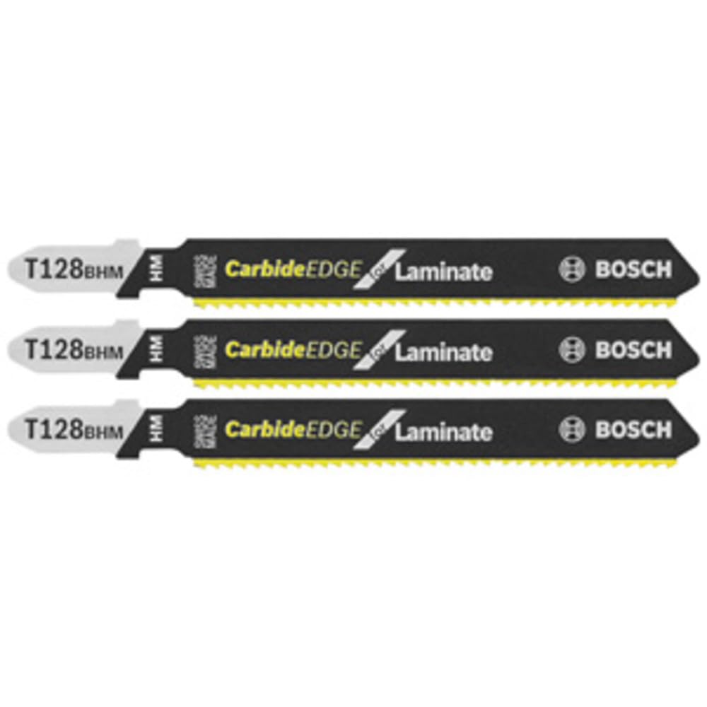 Bosch T128BHM3 carbide-strip laminate blade close-up for clean, chip-free cuts.
