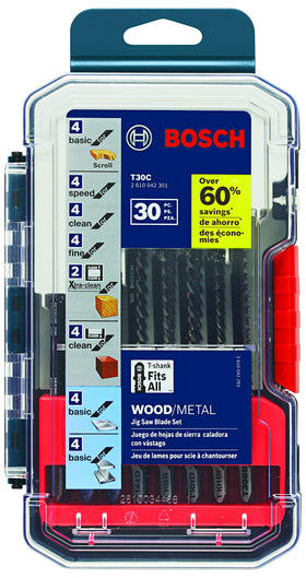 Bosch T30C blade set in a clear tube for organized storage and quick access.