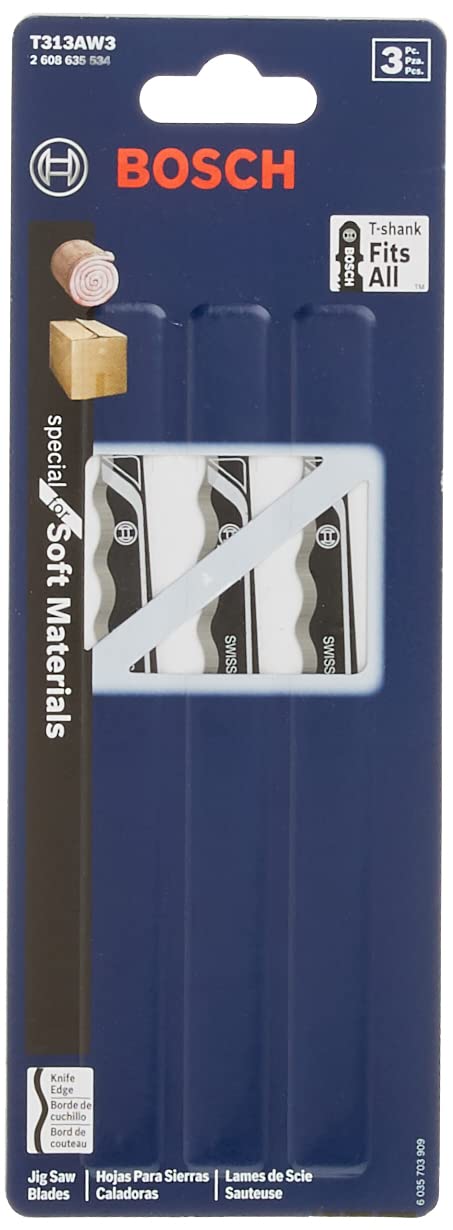 Bosch T313AW3 knife-edge blade set of three for versatile projects and replacements.