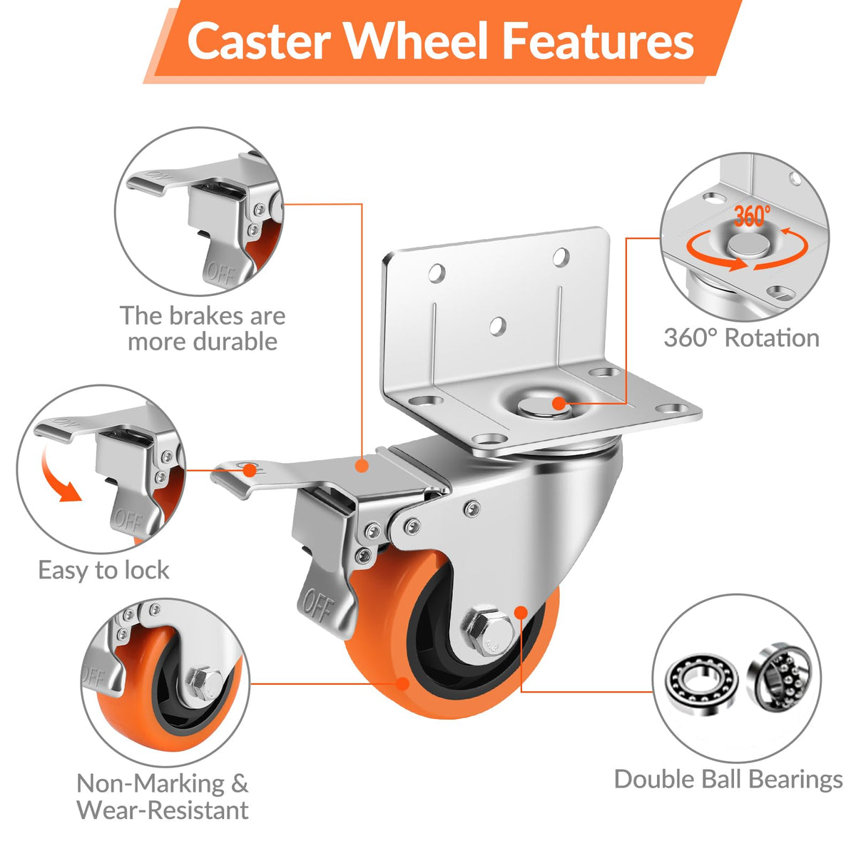 Bosgeot 3-inch caster wheels brake activation for secure placement