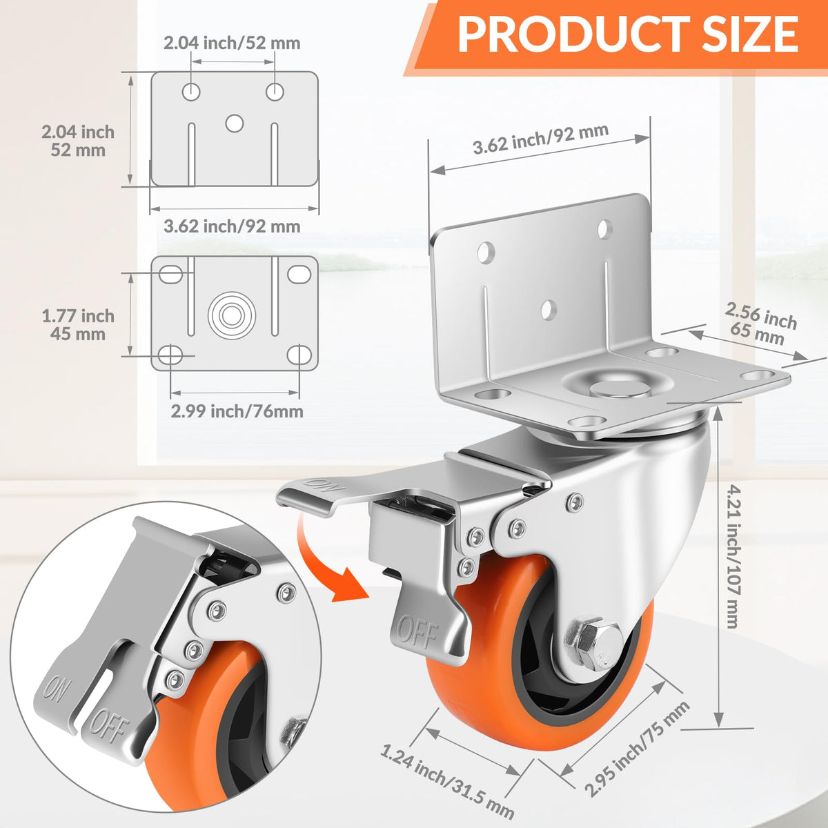 Bosgeot 3-inch caster wheels side view showing sturdy housing