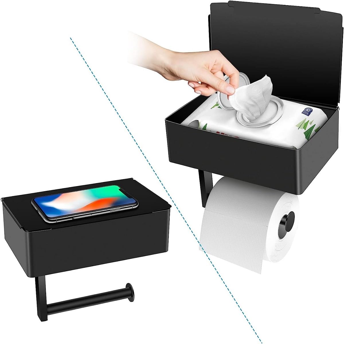 Bosoei toilet paper holder with storage top keeping wet wipes moist and accessible.