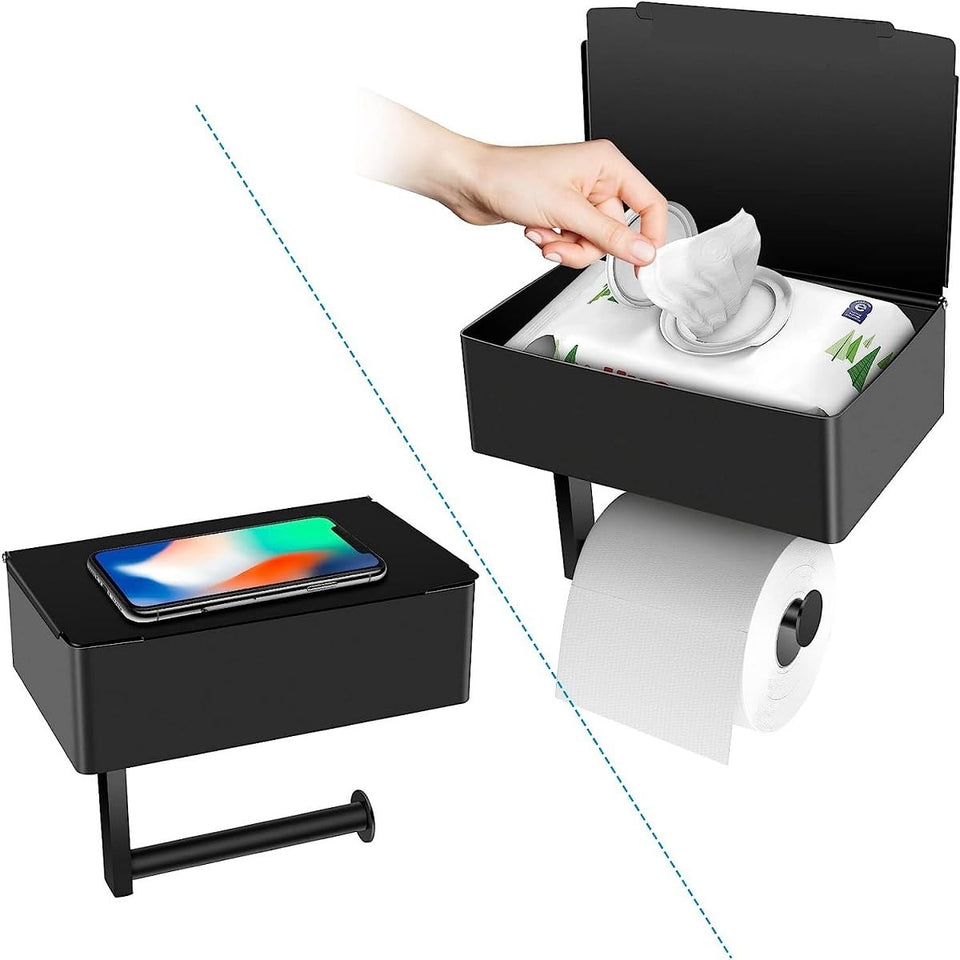 Bosoei toilet paper holder with storage top keeping wet wipes moist and accessible.
