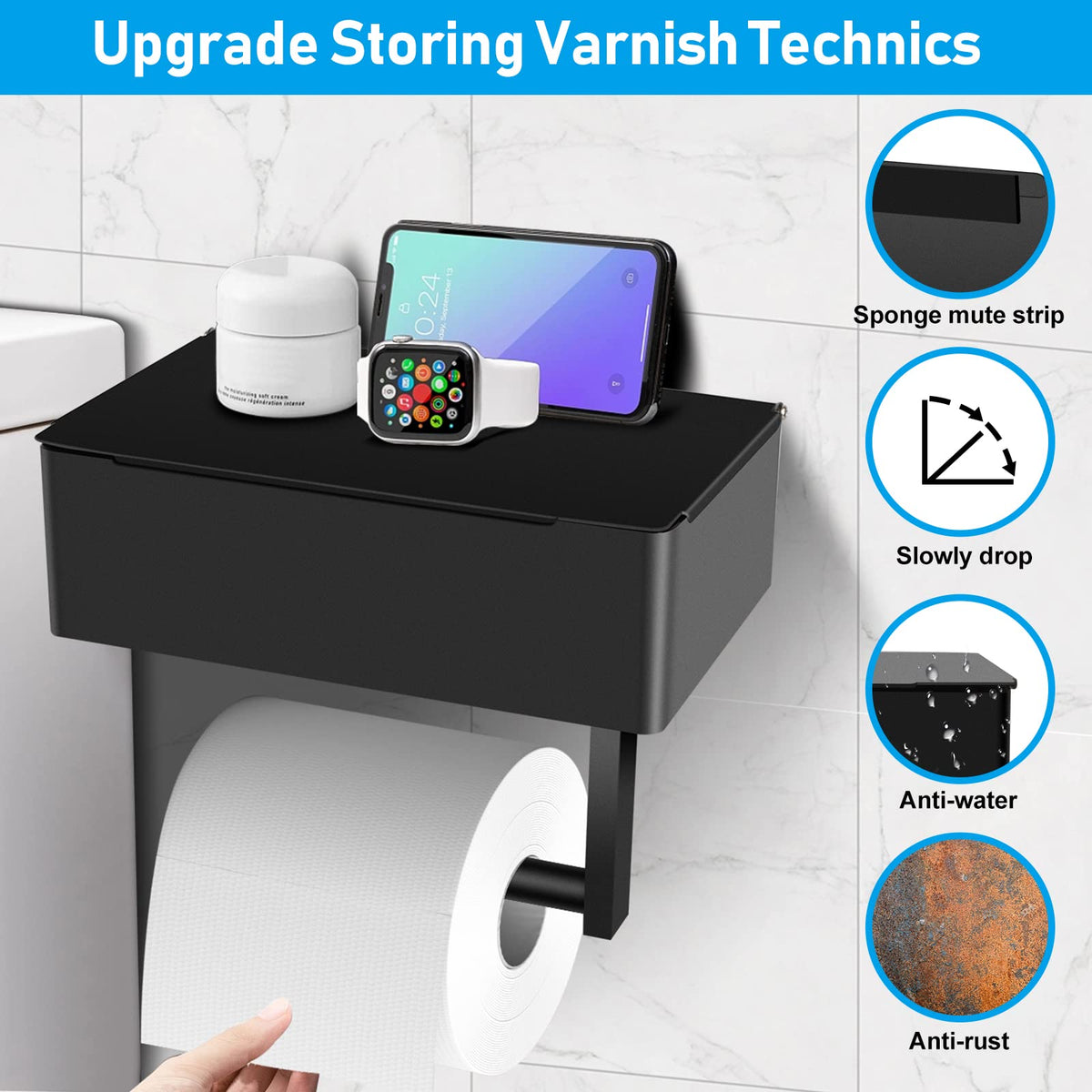 Side view of Bosoei wall mount toilet paper holder in black stainless steel.