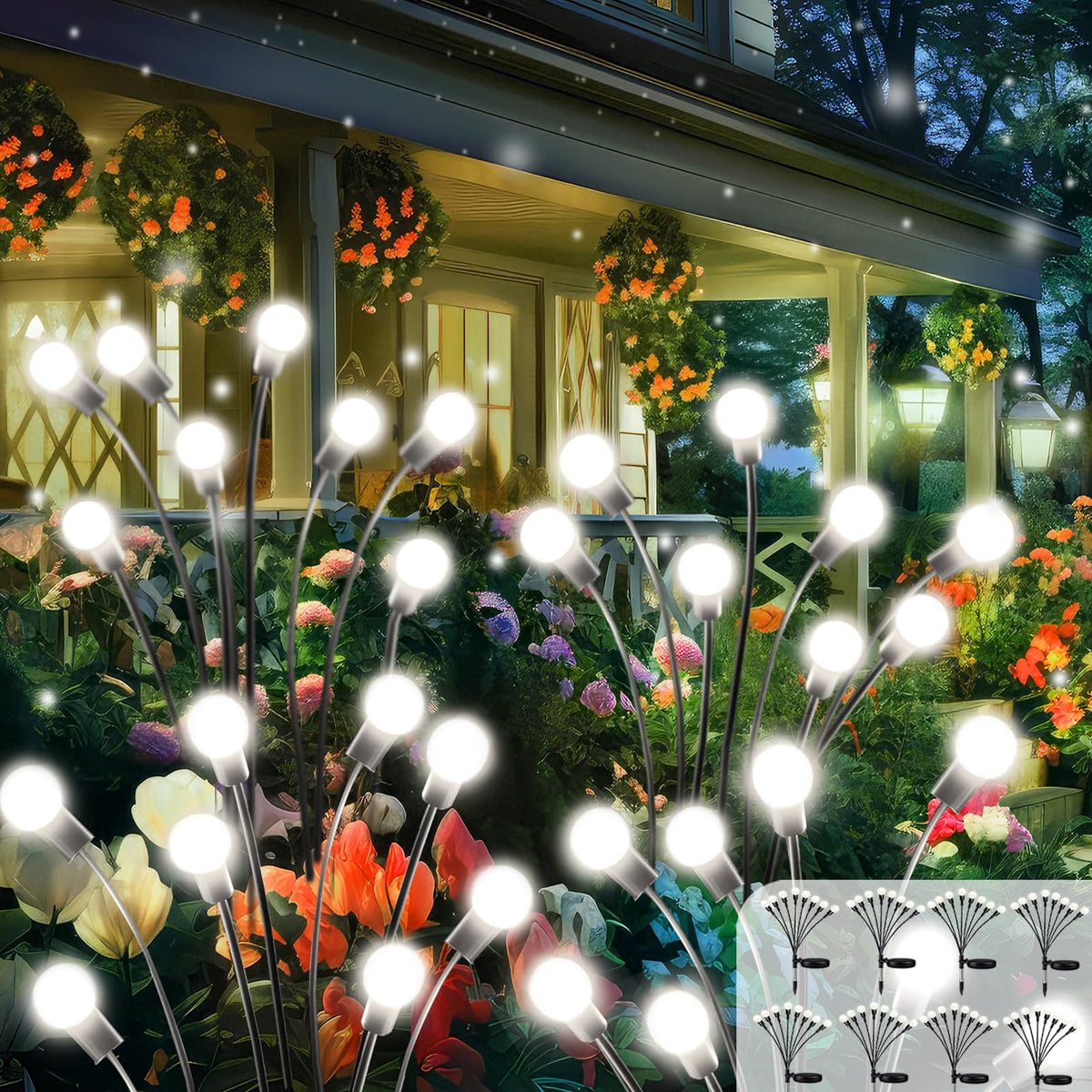 Bossern 2026 upgraded solar lights outdoor pack casts warm firefly glow for yard.