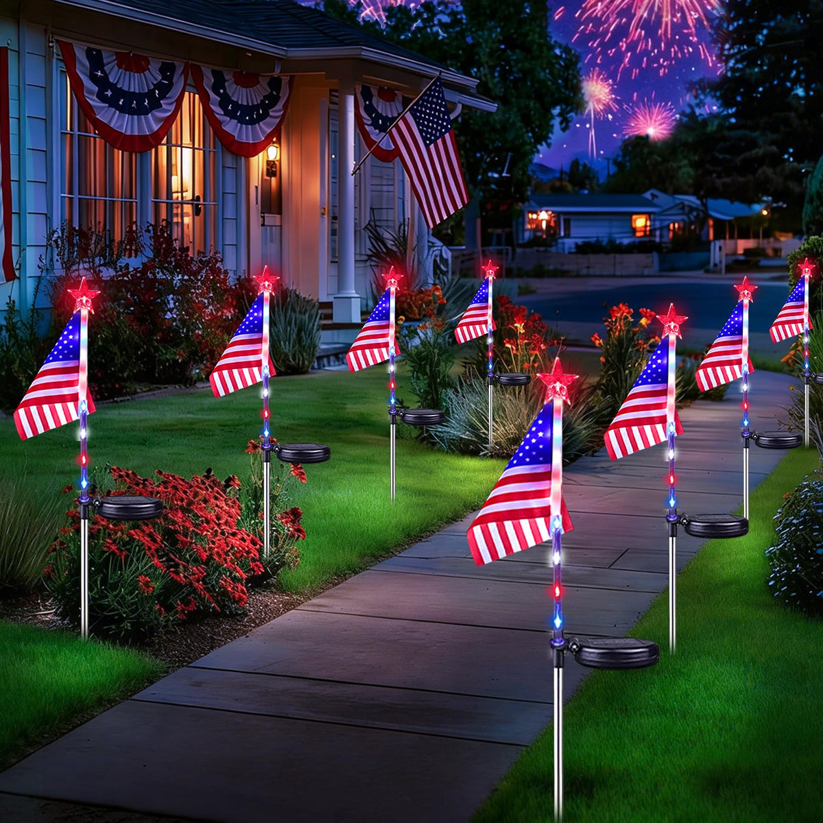 BOSSERN 8-pack American flag solar lights illuminate outdoor spaces at dusk.
