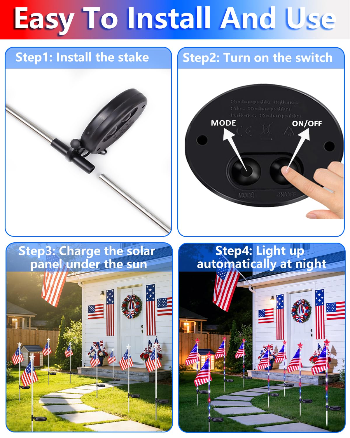 BOSSERN solar-powered stake lights charge by day for all-night illumination.