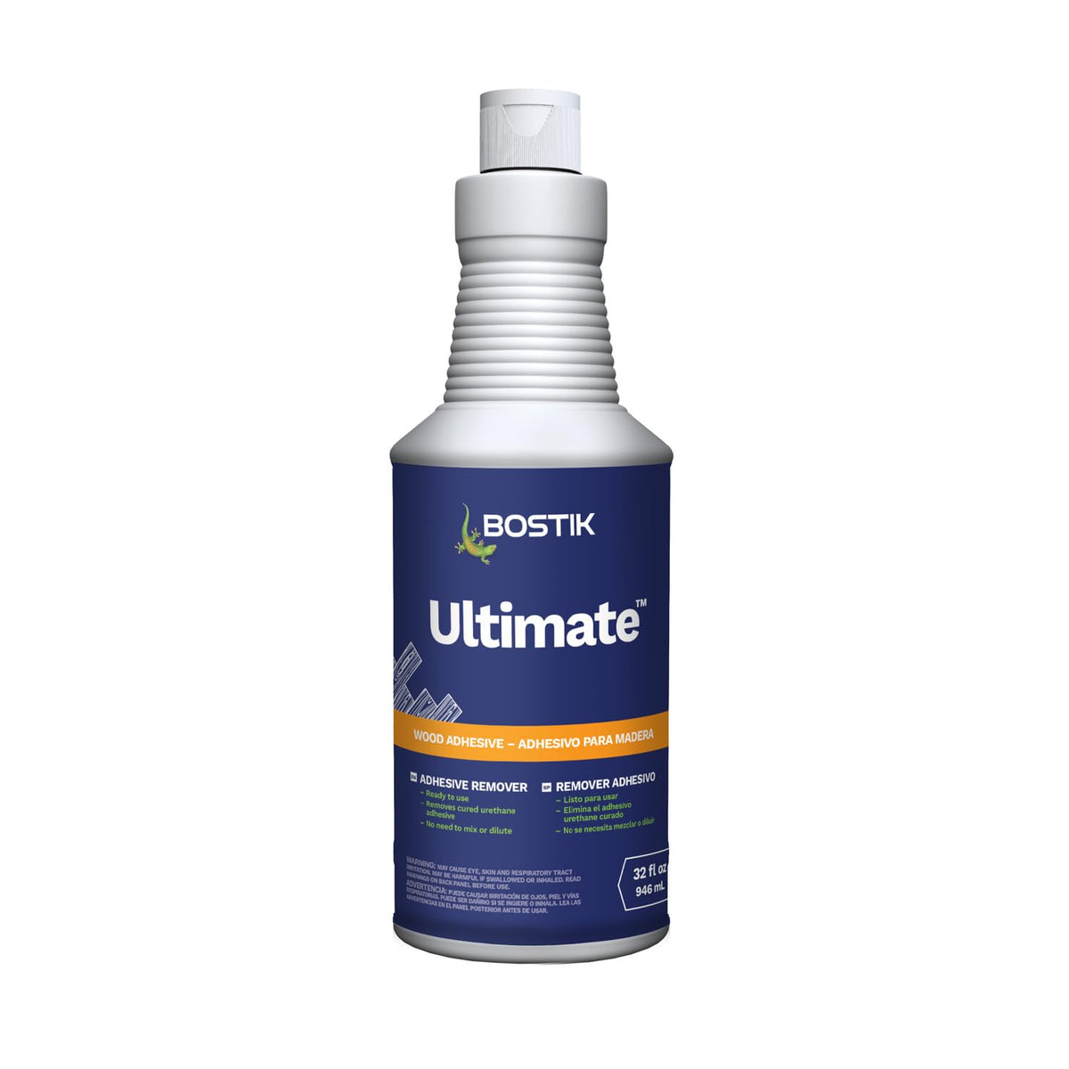Bostik Ultimate Adhesive Remover bottle close-up showing low-odor formula for safe indoor use.