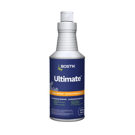 Bostik Ultimate Adhesive Remover bottle close-up showing low-odor formula for safe indoor use.