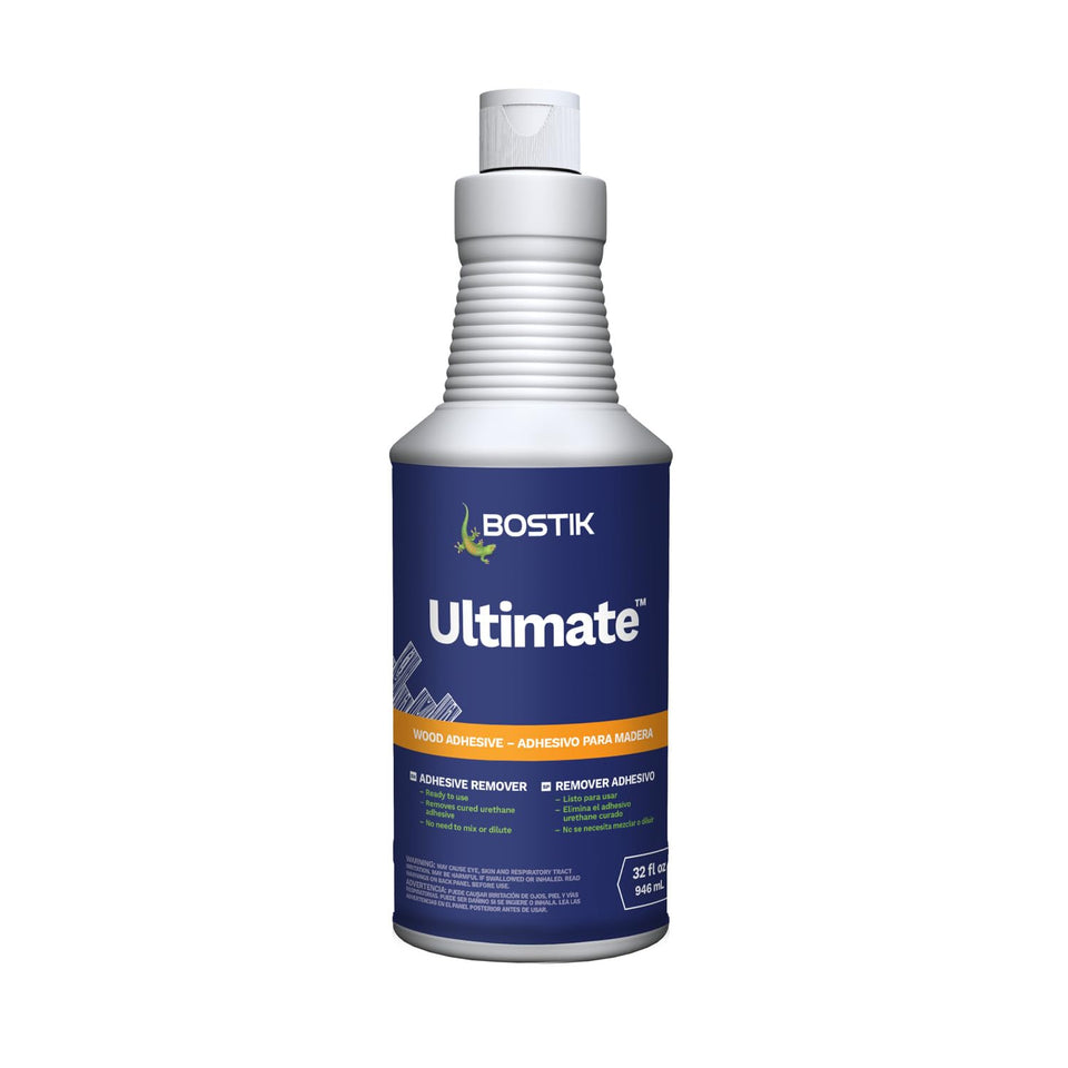 Bostik Ultimate Adhesive Remover bottle close-up showing low-odor formula for safe indoor use.