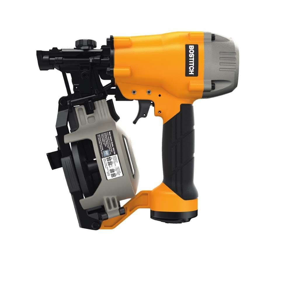 Bostitch coil roofing nailer feed system close-up showing smooth nail handling.