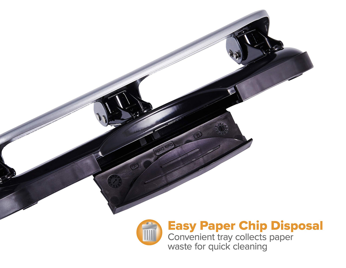 Bostitch EZ Squeeze 3-Hole Punch chip tray for easy cleanup and mess-free work.