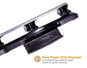 Bostitch EZ Squeeze 3-Hole Punch chip tray for easy cleanup and mess-free work.