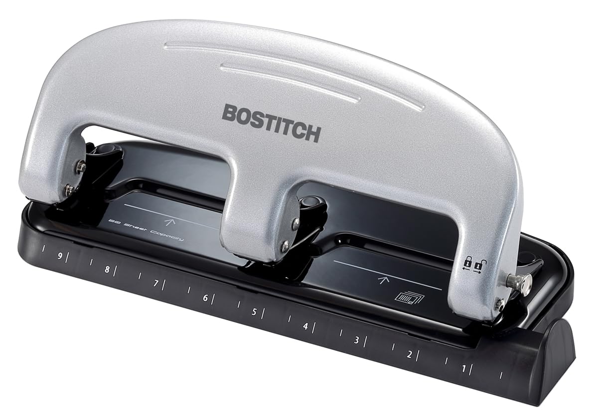 Bostitch EZ Squeeze 3-Hole Punch front view, reduced effort for everyday punching.
