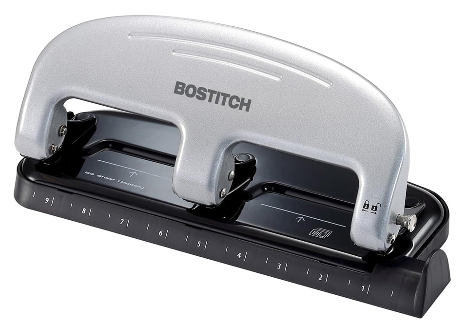 Bostitch EZ Squeeze 3-Hole Punch front view, reduced effort for everyday punching.