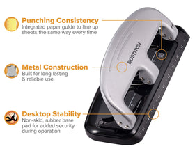 Bostitch EZ Squeeze 3-Hole Punch integrated ruler helps precise hole alignment.