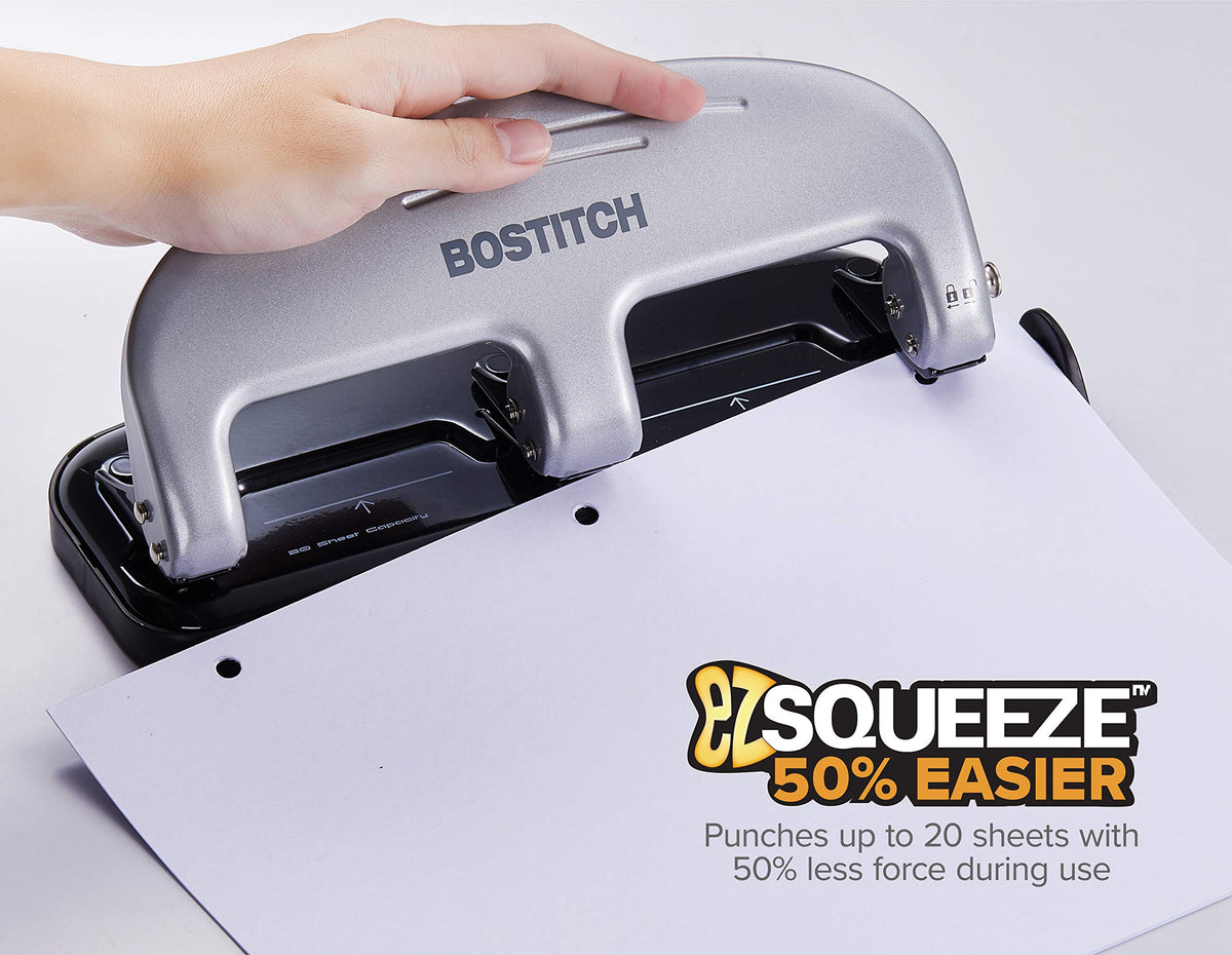 Bostitch EZ Squeeze 3-Hole Punch no-jam technology prevents clogs during use.