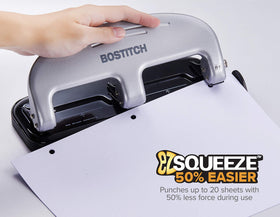 Bostitch EZ Squeeze 3-Hole Punch no-jam technology prevents clogs during use.