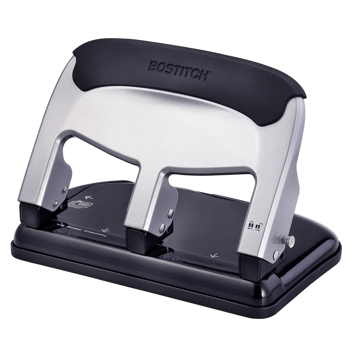 Bostitch EZ Squeeze 40-sheet punch with chip tray for quick cleanup