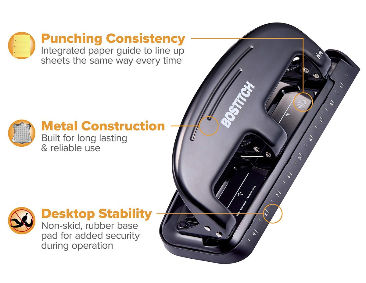 Bostitch Office EZ Squeeze paper guide ensures precise hole placement.