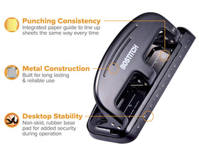Bostitch Office EZ Squeeze paper guide ensures precise hole placement.