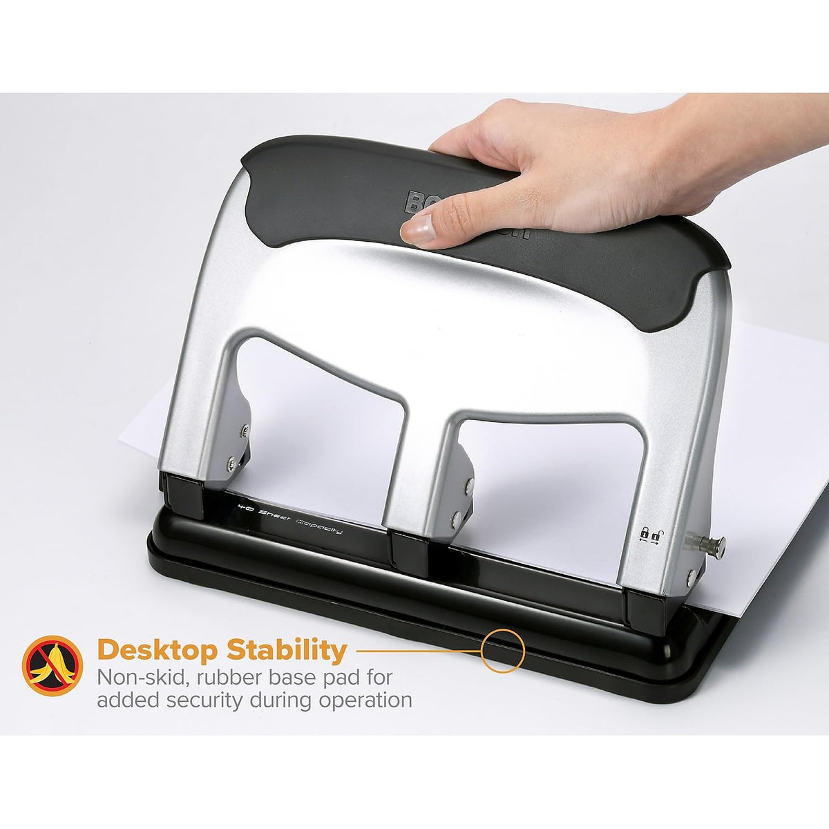 Bostitch EZ Squeeze integrated paper guide ensures tidy binder holes