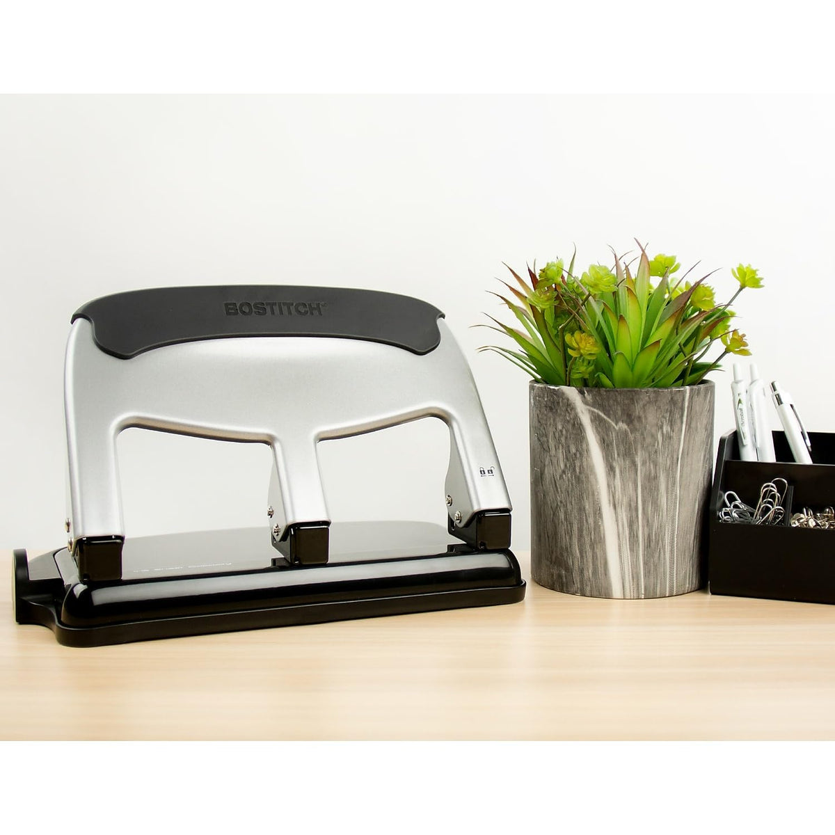 Bostitch EZ Squeeze sleek silver design complements modern home offices