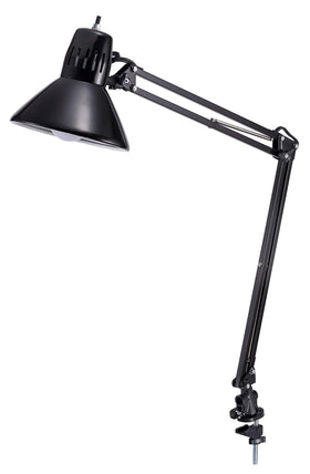 Bostitch VLF100 LED swing-arm lamp mounted on clamp for versatile desk lighting.